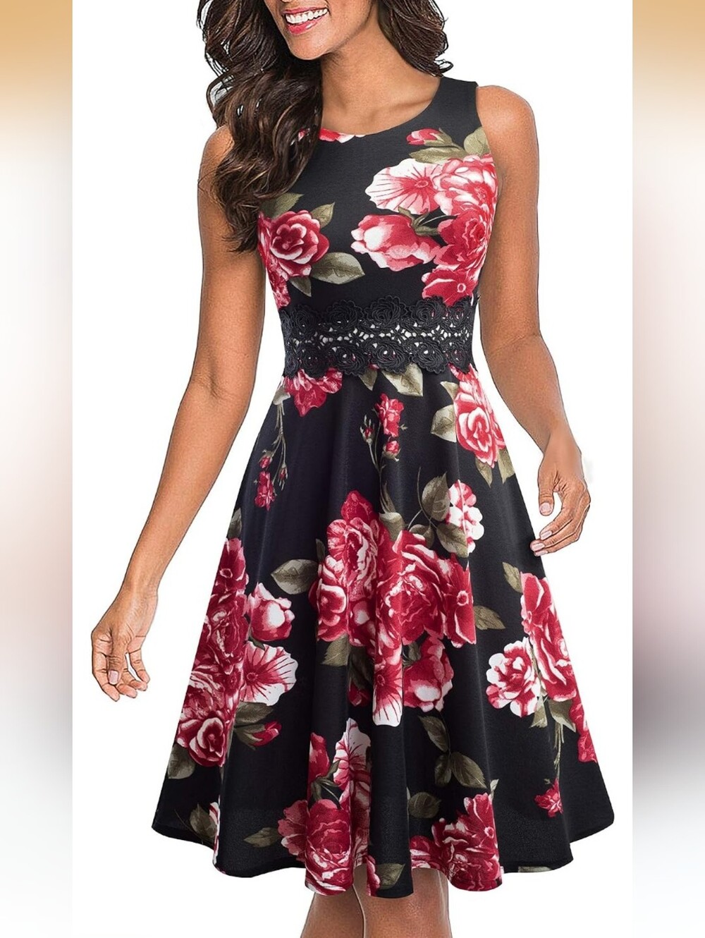 HOMEYEE Red and Black Floral Sleeveless Cocktail A-Line Embroidery Dress Size M